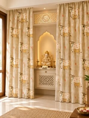 Beige Kamdhenu cow print curtains for a traditional modern home mandir decor.