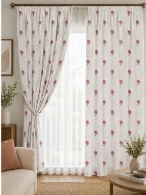 Elegant white curtain with delicate pink floral print for living room and bedroom windows