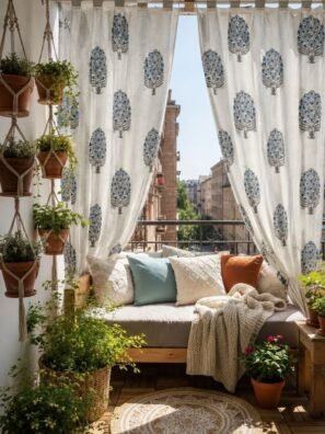 Elegant white curtain with blue floral tree print styled in a bright balcony living space