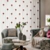 Elegant white curtain with red floral print styled in a modern luxury living room