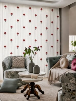 Elegant white curtain with red floral print styled in a modern luxury living room