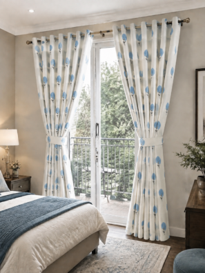 Elegant White Curtain with Blue Floral Print for Home Décor