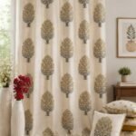Premium Cream Floral Printed Door Curtain with Mustard Yellow Tree Motif | Elegant Window Curtain for Living Room & Bedroom