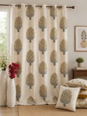 Premium Cream Floral Printed Door Curtain with Mustard Yellow Tree Motif | Elegant Window Curtain for Living Room & Bedroom