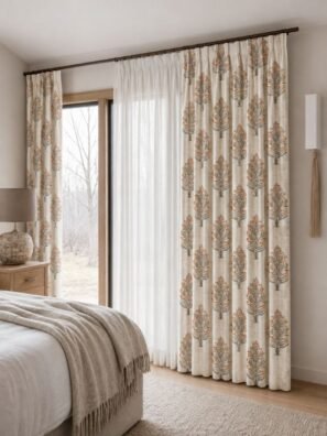 Elegant floral printed curtain in a soft beige and ivory tone, featuring detailed orange and grey botanical motifs in a modern bedroom setting.