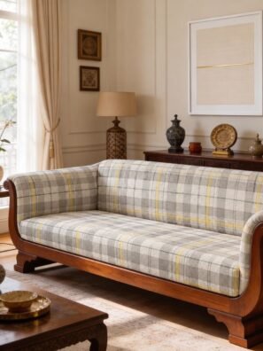 Grey and cream checkered upholstery fabric with yellow accents on a classic wooden sofa.