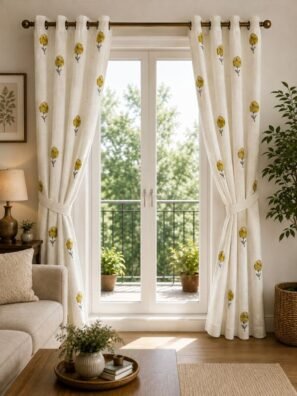 Elegant cream curtain with yellow and olive green floral print, styled on a large living room window.