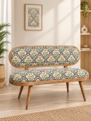Cream upholstery fabric with a small-scale floral pattern featuring golden-yellow tulips, green leaves, and charcoal grey botanical motifs on a wooden upholstered bench.