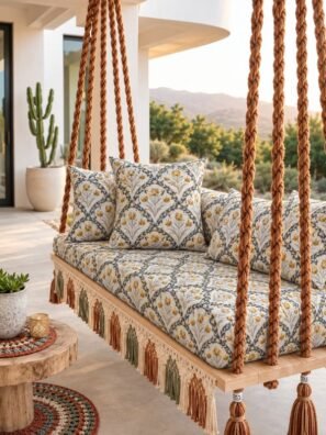 Hanging swing upholstered in ivory fabric with small mustard floral prints, charcoal vines, and taupe leaf patterns.