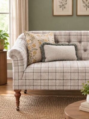 Beige and grey checkered upholstery fabric with a subtle woven texture and classic plaid pattern.