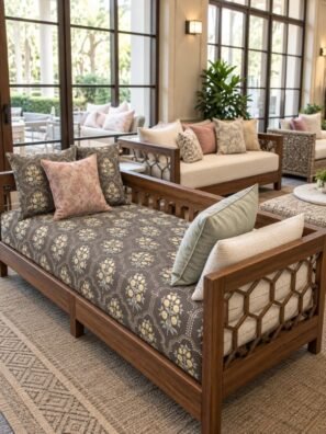 Wooden daybed upholstered in dark grey fabric with small yellow floral motifs, pale blue-grey leaves, and delicate white arch patterns.