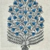 Elegant white curtain with blue floral tree print styled in a bright balcony living space