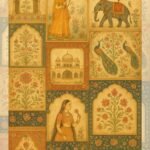 "Rustic Rajasthan inspired collage featuring Mughal architecture, royal women, elephants, peacocks, and intricate floral patterns in a warm antique color palette"