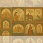 "Rustic Rajasthan inspired collage featuring Mughal architecture, royal women, elephants, peacocks, and intricate floral patterns in a warm antique color palette"