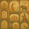 "Rustic Rajasthan inspired collage featuring Mughal architecture, royal women, elephants, peacocks, and intricate floral patterns in a warm antique color palette"