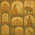 "Rustic Rajasthan inspired collage featuring Mughal architecture, royal women, elephants, peacocks, and intricate floral patterns in a warm antique color palette"