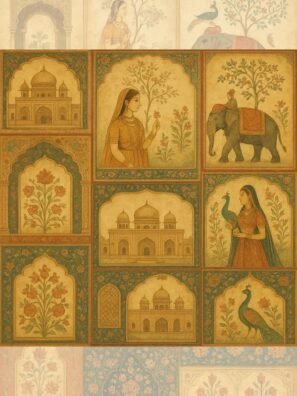 "Rustic Rajasthan inspired collage featuring Mughal architecture, royal women, elephants, peacocks, and intricate floral patterns in a warm antique color palette"