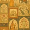 "Rustic Rajasthan inspired collage featuring Mughal architecture, royal women, elephants, peacocks, and intricate floral patterns in a warm antique color palette"
