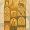 "Rustic Rajasthan inspired collage featuring Mughal architecture, royal women, elephants, peacocks, and intricate floral patterns in a warm antique color palette"