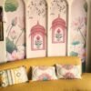 Pichwai-inspired floral arch panel wallpaper with lotus motifs and hand-drawn nature elements