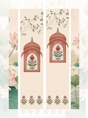 Traditional Indian art wallpaper featuring lotus flowers, jharokha arch frames, and botanical patterns