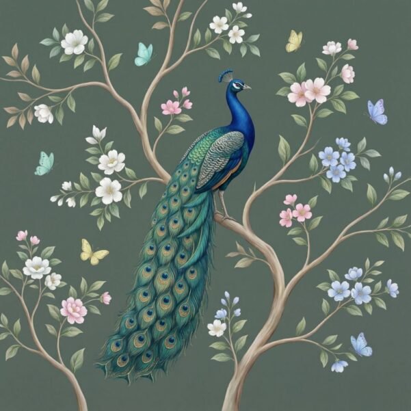 Elegant Peacock on Tree Branch – Floral Green Background Wall Mural | Luxury Wallpaper Design
