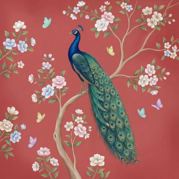 Peacock Sitting on Tree Branch Wall Mural – Luxury Floral Wallpaper on Red Background