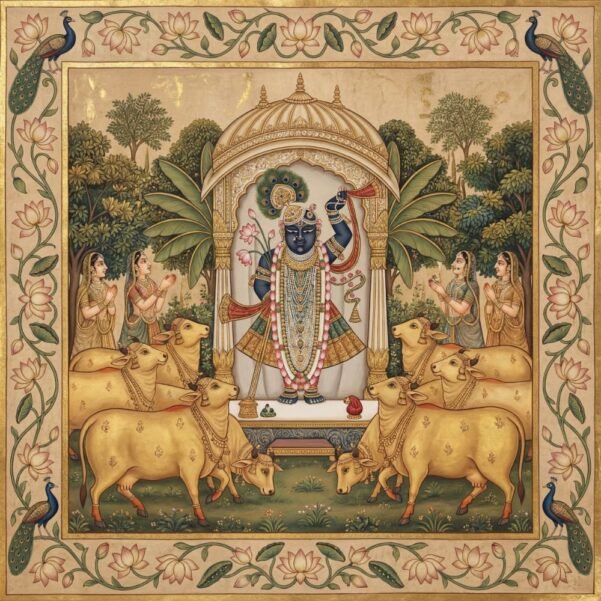 Traditional Pichwai Shrinathji Painting – Golden Cows, Gopis & Lotus Floral Border Wall Art