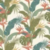 Tropical botanical wallpaper with banana leaves, monstera, palm foliage and bird of paradise flowers in soft earthy tones