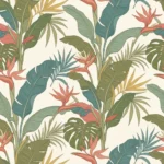 Tropical botanical wallpaper with banana leaves, monstera, palm foliage and bird of paradise flowers in soft earthy tones