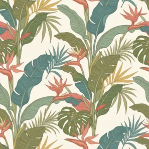 Tropical botanical wallpaper with banana leaves, monstera, palm foliage and bird of paradise flowers in soft earthy tones