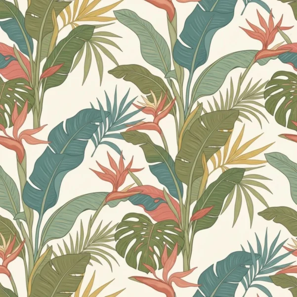 Tropical botanical wallpaper with banana leaves, monstera, palm foliage and bird of paradise flowers in soft earthy tones