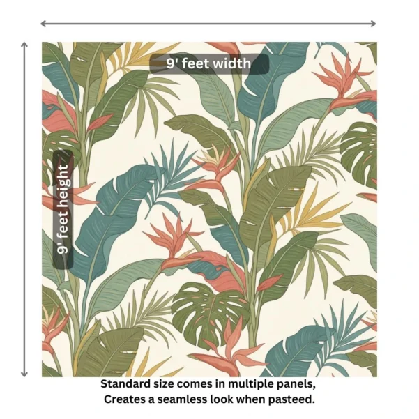 Tropical botanical wallpaper with banana leaves, monstera, palm foliage and bird of paradise flowers in soft earthy tones