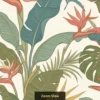 Tropical botanical wallpaper with banana leaves, monstera, palm foliage and bird of paradise flowers in soft earthy tones