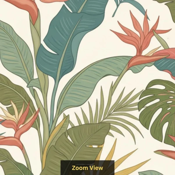 Tropical botanical wallpaper with banana leaves, monstera, palm foliage and bird of paradise flowers in soft earthy tones