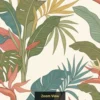 Tropical botanical wallpaper with banana leaves, monstera, palm foliage and bird of paradise flowers in soft earthy tones