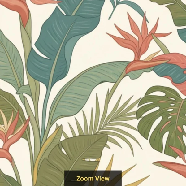 Tropical botanical wallpaper with banana leaves, monstera, palm foliage and bird of paradise flowers in soft earthy tones