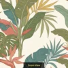 Tropical botanical wallpaper with banana leaves, monstera, palm foliage and bird of paradise flowers in soft earthy tones