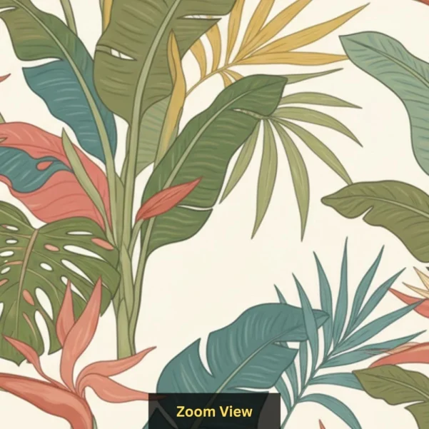 Tropical botanical wallpaper with banana leaves, monstera, palm foliage and bird of paradise flowers in soft earthy tones