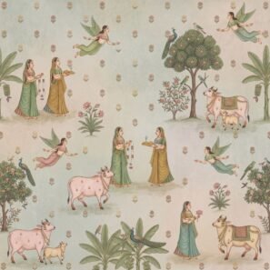 Pastel Pichwai-style wallpaper featuring Indian miniature art with cows, apsaras, peacocks, floral motifs, and traditional figures in a serene garden setting.