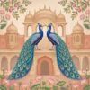 Royal peacock pair wallpaper in Mughal palace setting with lotus flowers and ornate Indian architectural design in pastel tones