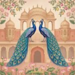 Royal peacock pair wallpaper in Mughal palace setting with lotus flowers and ornate Indian architectural design in pastel tones