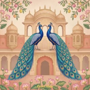 Royal peacock pair wallpaper in Mughal palace setting with lotus flowers and ornate Indian architectural design in pastel tones