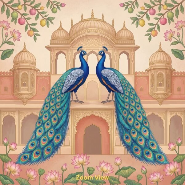 Royal peacock pair wallpaper in Mughal palace setting with lotus flowers and ornate Indian architectural design in pastel tones