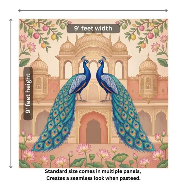 Royal peacock pair wallpaper in Mughal palace setting with lotus flowers and ornate Indian architectural design in pastel tones