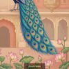 Royal peacock pair wallpaper in Mughal palace setting with lotus flowers and ornate Indian architectural design in pastel tones