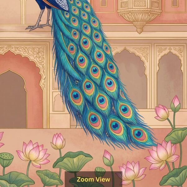 Royal peacock pair wallpaper in Mughal palace setting with lotus flowers and ornate Indian architectural design in pastel tones