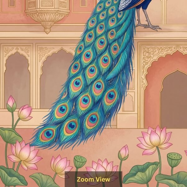 Royal peacock pair wallpaper in Mughal palace setting with lotus flowers and ornate Indian architectural design in pastel tones