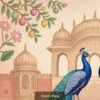 Royal peacock pair wallpaper in Mughal palace setting with lotus flowers and ornate Indian architectural design in pastel tones