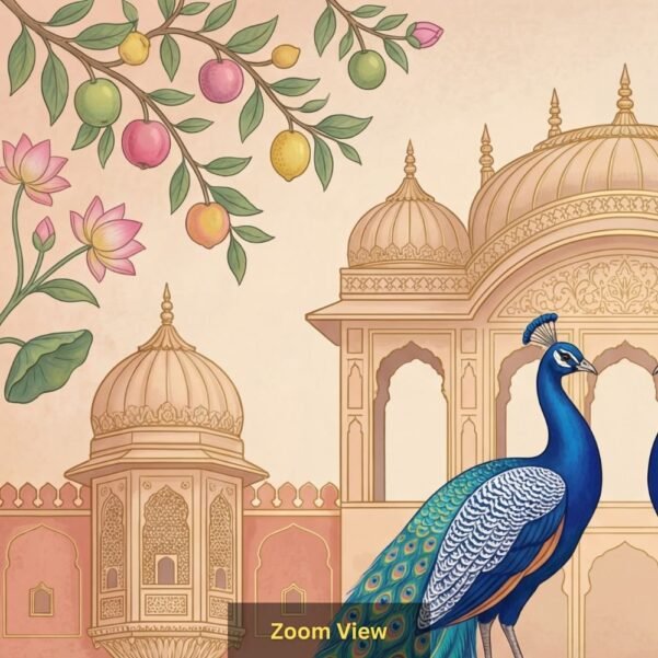 Royal peacock pair wallpaper in Mughal palace setting with lotus flowers and ornate Indian architectural design in pastel tones